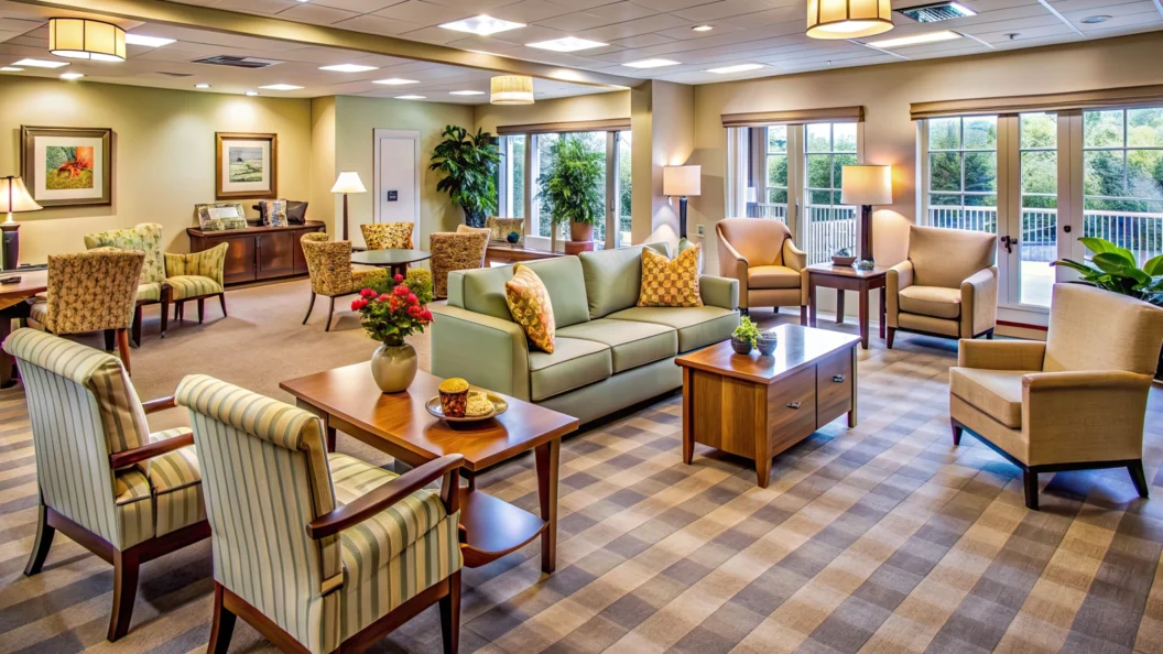 Interior of a cosy care home seating area with assortment of upholstered arm chairs and sofas on a checked carpet.