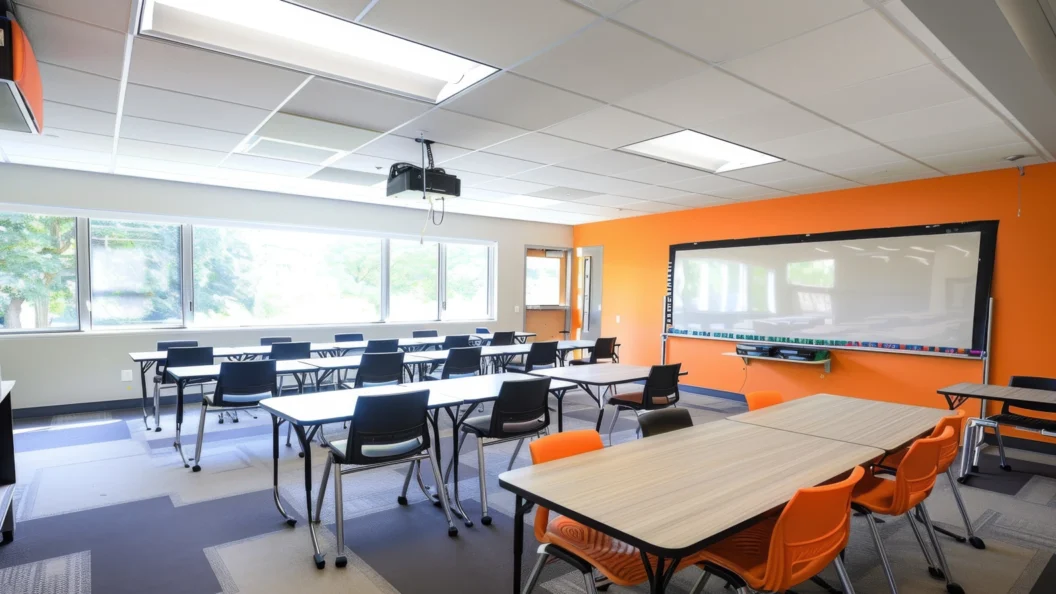 Modern classroom interior with orange wall and interactive whiteboard.