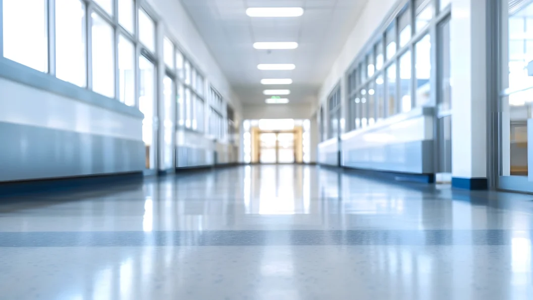 Blurred school corridor with lights on ceiling and windows on either side.