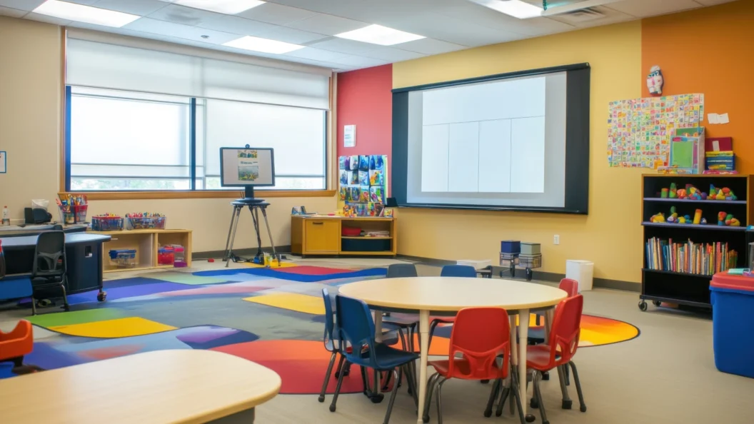 Colourful nursery interior with interactive white board and circular tables with small red and blue chairs.