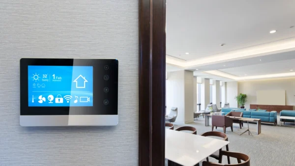 A smart office interface with blue screen on a white wall displaying icons for Building Management System (BMS).