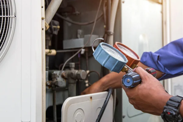 An HVAC technician in blue overalls using a measuring manifold gauge.
